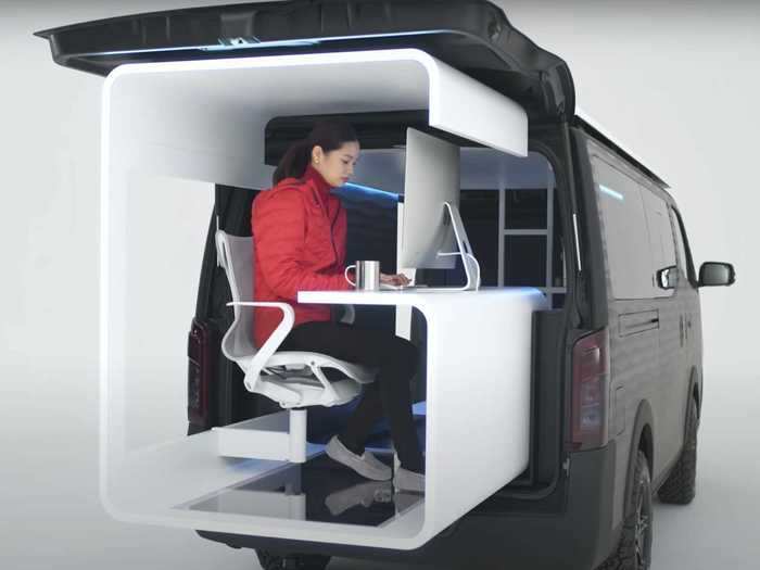 Unlike most camper vans that have amenities hidden inside the vehicle, the office pod can extend out the rear of the van for some fresh air.