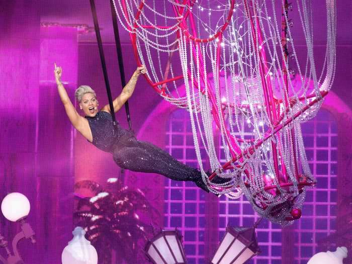 Pink is famous for her aerial stunts while performing - just picture her hanging from the ceiling of the Hard Rock Stadium.