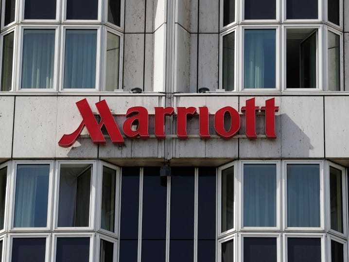 FILE PHOTO: Logo of Marriott hotel is seen in Vienna, Austria April 9, 2018. REUTERS/Heinz-Peter Bader