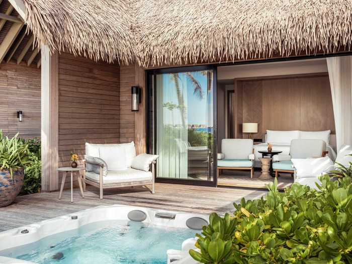 Like its smaller counterparts, the four-bed home has a living area, jacuzzis, and easy beach access.