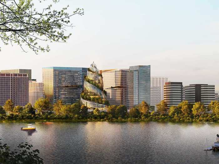 The next phase, known as PenPlace, will be home to three 22-story buildings that run on 100% renewable energy from a solar farm in southern Virginia. The campus will also house the Helix, a double-helix-shaped glass structure that Amazon describes as being closely integrated with nature.