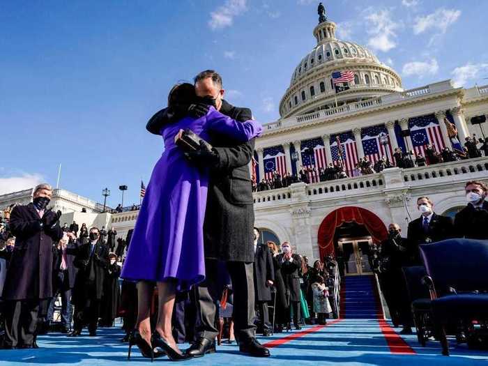 Their hug after Harris took the oath of office says it all.