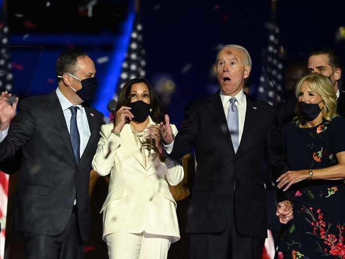 Harris and Emhoff, along with the Bidens, expressed their joy and surprise at confetti cannons at their victory rally.