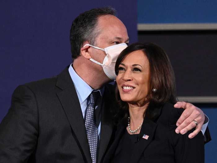 Emhoff gave Harris a masked kiss after the vice presidential debate in October 2020.