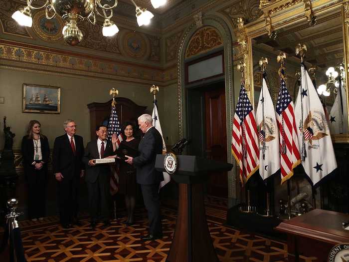 Pence swore in Cabinet members at the ornately designed ceremonial office in 2017.