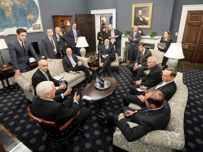 Vice President Mike Pence also made a few decorative changes with a navy patterned carpet and plain gray armchairs.