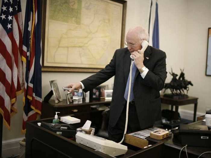 Cheney also displayed a Civil War-era map with a family connection behind his desk.