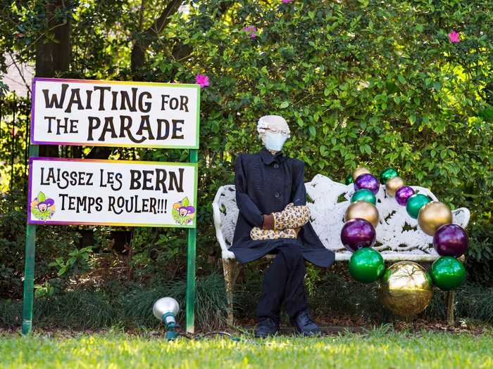 This interpretation of Bernie looking cold while wearing oversized mittens has him on a bench next to a sign that says "Let the BERN times roll," a play on the New Orleans