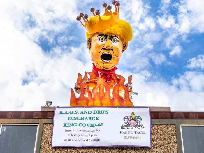 Some buildings address politics, like this one that placed a Donald Trump effigy on its roof.