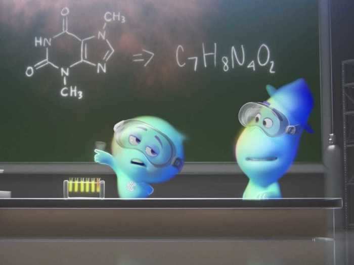 While Joe is helping 22 conduct scientific experiments to find their "spark," the chalkboard behind them has a real chemical compound written on it.