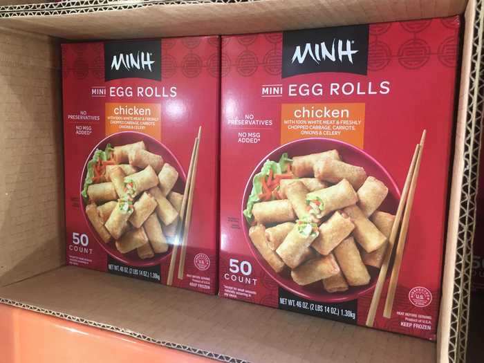 These mini egg rolls are filled with chicken and vegetables.