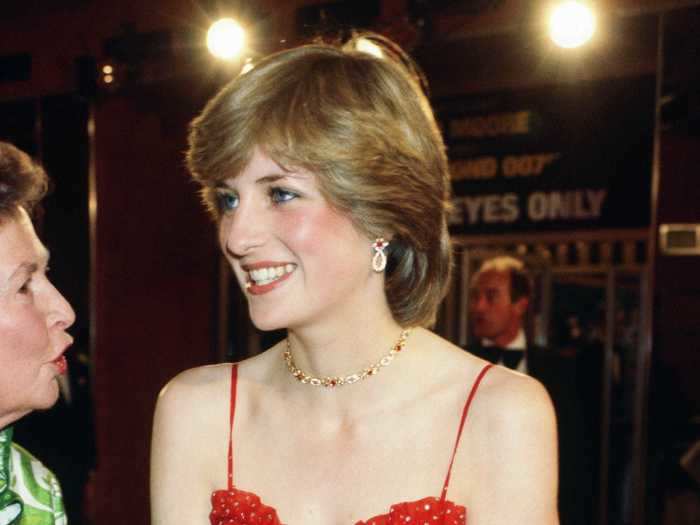 The future royal dazzled in a red sequinned ball gown at the London premiere of the James Bond film "For Your Eyes Only" in June 1981.