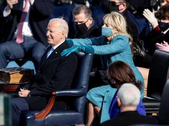 At his inauguration, Jill put her hands on his shoulders after he was sworn in as the 46th president.