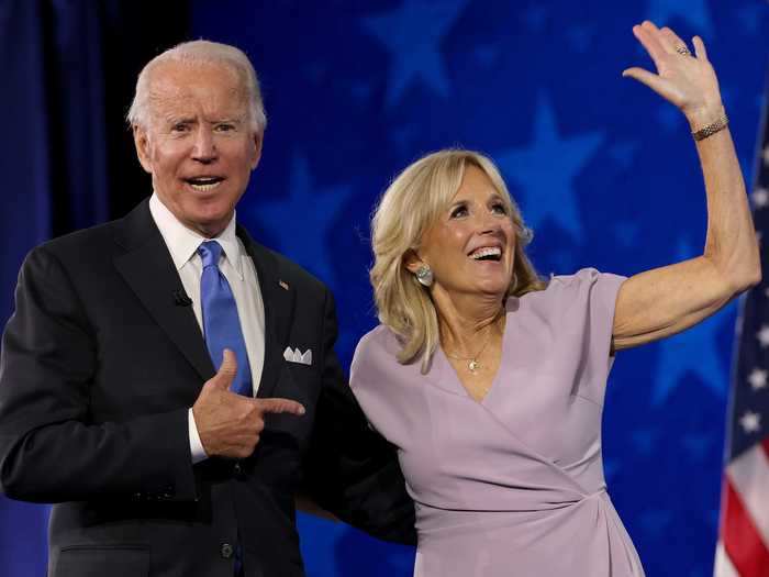 Joe pointed to Jill after accepting the nomination at the 2020 DNC.