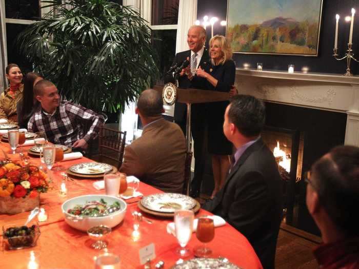 They shared the podium at a Thanksgiving event for the Wounded Warrior Project in 2012.