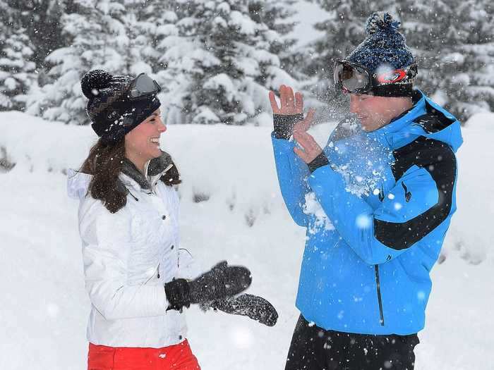 On a trip to the French Alps, they got into a playful snowball fight.