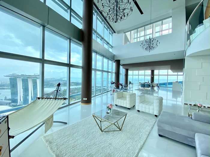 The penthouse offers prime views of the Marina Bay Sands, listing photos show.