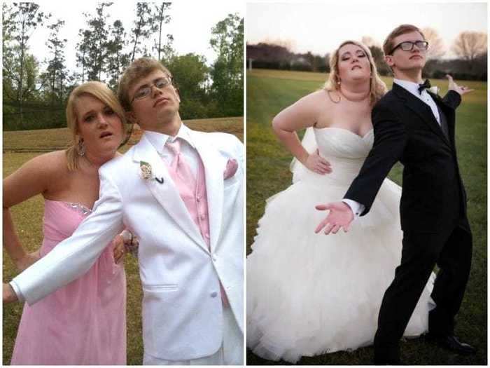 Chelsea and Brayden posed for hilarious prom photos in 2013 and equally hilarious wedding photos in 2017.