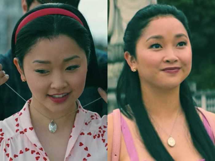 Lara Jean continues to wear the necklace Peter gave her in the previous movie.