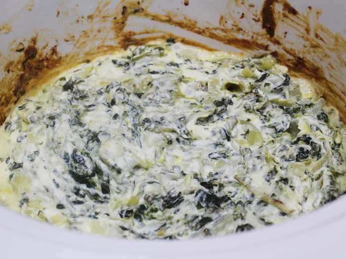 Thankfully, the spinach and artichoke dip was pretty easy to make and was done in just two hours on low.