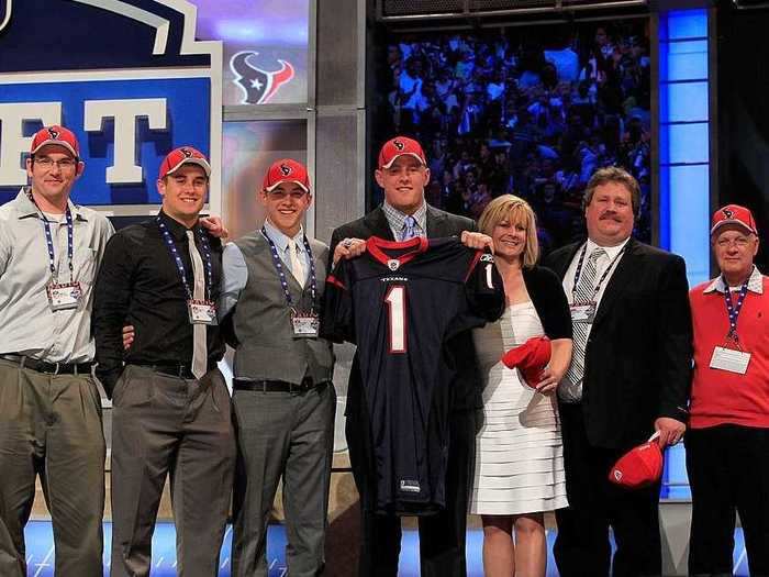 JJ Watt was selected 11th overall by the Houston Texans out of Wisconsin. Watt began his college career as a tight end at Central Michigan but chose to forego his spot and scholarship to walk on at Wisconsin and convert to defensive end.