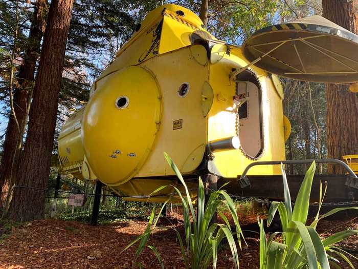 The Yellow Submarine has 22 portholes in total, and a motorized front hatch covers the entrance.