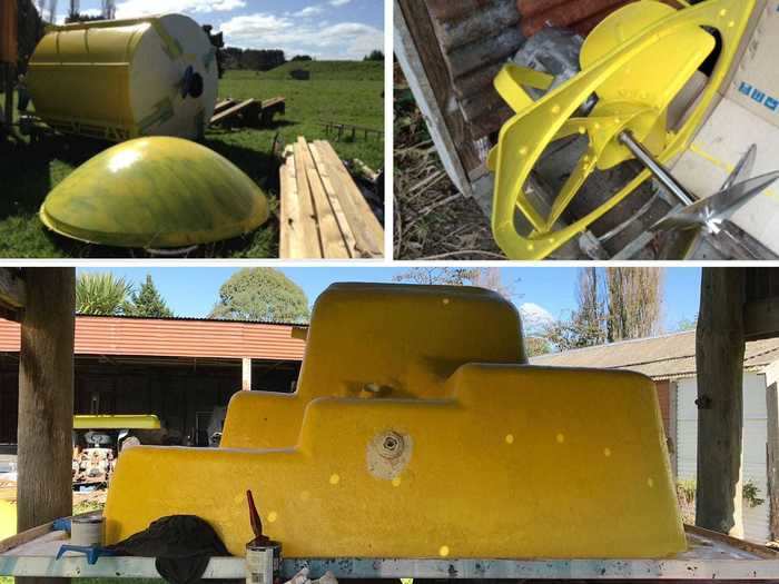 Next, he assembled spare parts from around his farm to build out the shape of the submarine: radar domes to create rounded sides, a fan for the propeller, and an upside-down hot tub for the conning tower.