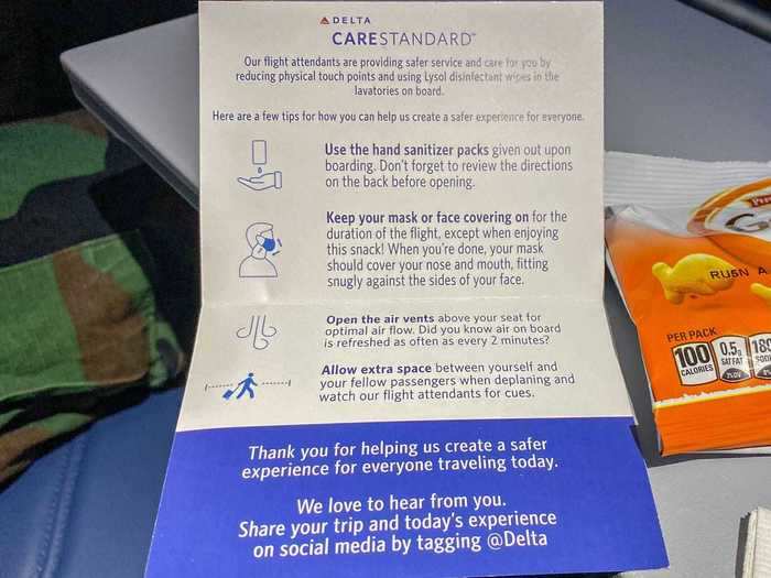 Inside was also a small placard outlining the new health and safety protocols, as well as how to use the in-flight WiFi.