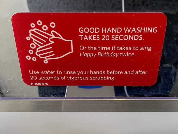 Even the bathroom had a placard to remind passengers of the best practices for hand washing.