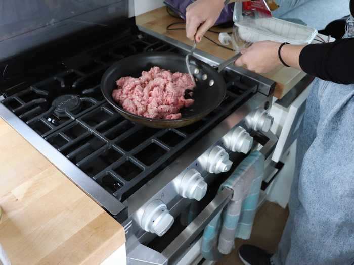 After the veggies were cut, we started to brown the ground turkey meat on the stove.