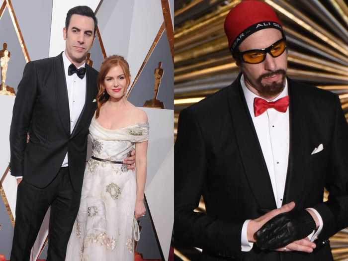 March 2016: Fisher stashes a fake beard, glasses, hat, and glove in her Spanx to help her husband appear as Ali G at the Oscars.