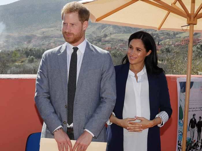 In February 2019, Markle wore a navy-blue blazer while visiting the Education For All boarding house for girls in Asni, Morocco.