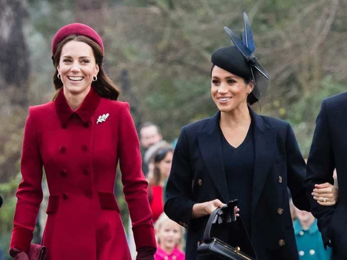 For her first Christmas as a royal, Markle wore a deep navy coat by Victoria Beckham.