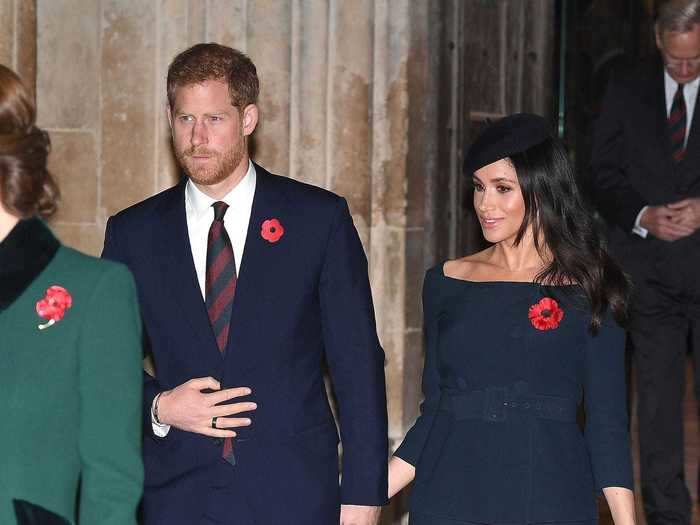 For the 2018 Remembrance Day service at Westminster Abbey, Markle wore a double-breasted blue jacket and matching skirt.