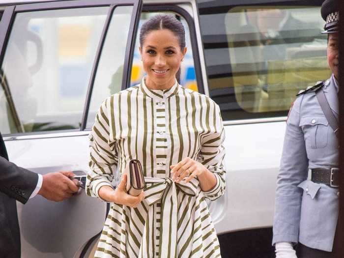 Markle wore a striped design by Martin Grant while visiting a 2018 exhibition in Tonga.