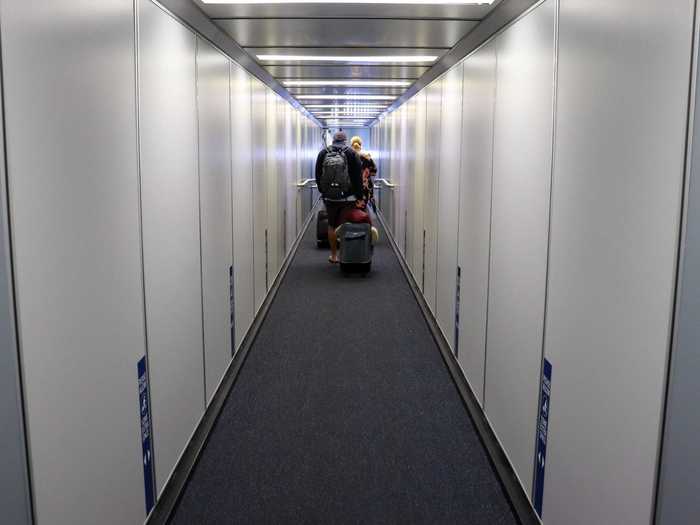 On the jetway, there were reminders to social distance - but they hadn