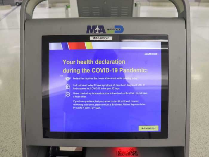 I opted for the kiosk, where one of the first screens was a COVID-19 declaration. I acknowledged the airline