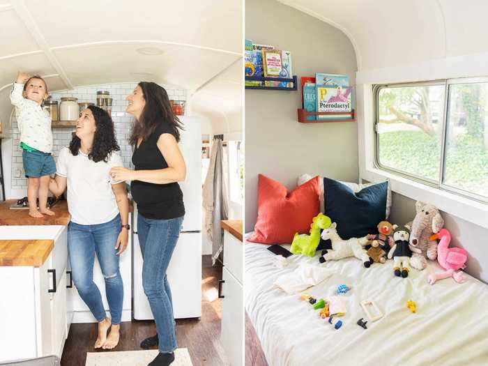 Storey and Tumlin prioritized having a spacious kitchen and cleverly carved out bedroom areas for each child in their tiny home on wheels.