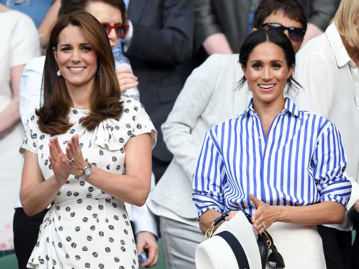 July 2018: In their first solo public outing, Markle and her new sister-in-law, Kate Middleton, attend Wimbledon to support Williams.