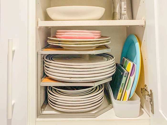 Inside the cabinets, Mello uses additional shelving to make use of the vertical space.