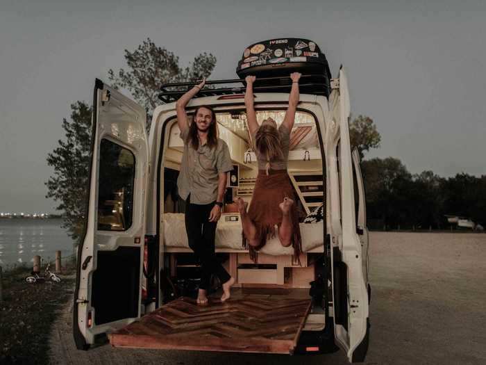 The Fite family built an extendable porch into their 80-square-foot van to give them more storage and leisure space.