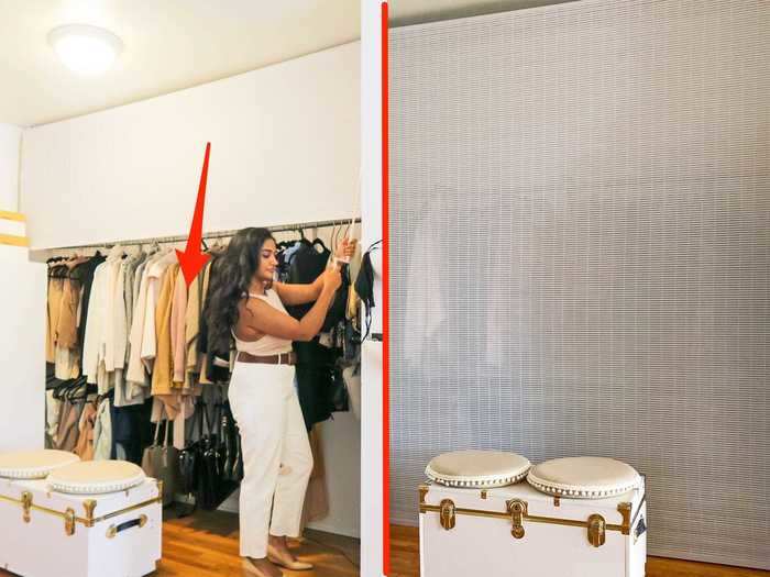 A tiny apartment renter in Washington, DC, has an exposed clothing rack in her 400-square-foot space that she hides with a rolling shade.