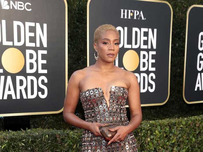 Tiffany Haddish sparkled in a bronze-colored dress covered in metallic details.