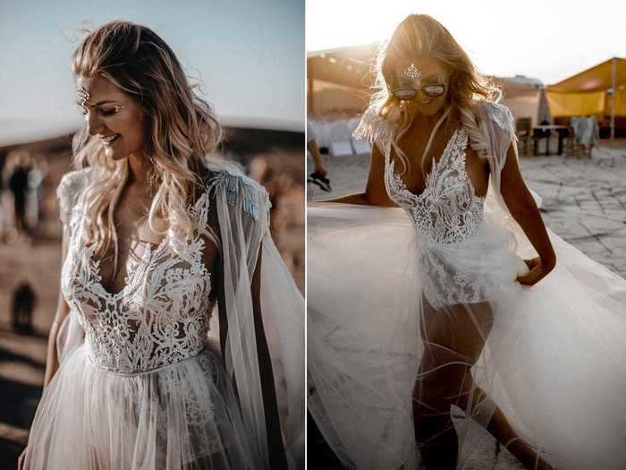 A bride made a sleek bodice and see-through skirt look elegant.