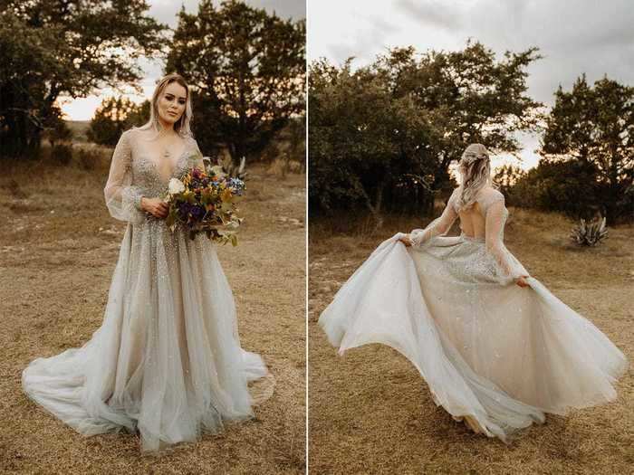 Sparkly, sheer fabric paired well with the backless design on this gown.