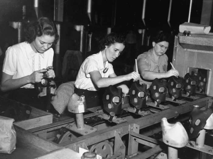 During World War II, women assisted in manufacturing wartime necessities like gas masks. By 1945, one in every four married women worked in jobs outside the home.