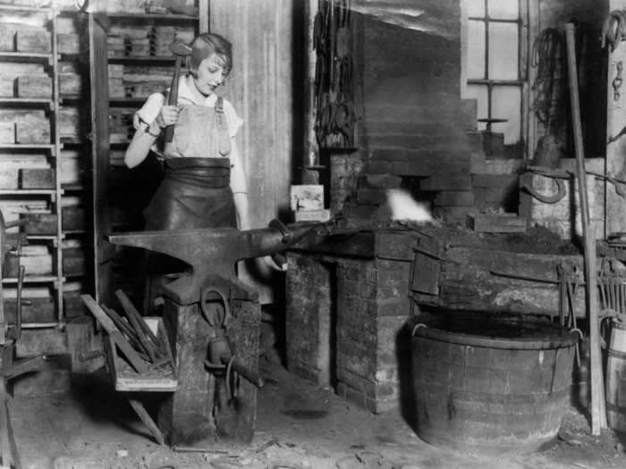 Women also held jobs as blacksmiths and worked on vehicles.