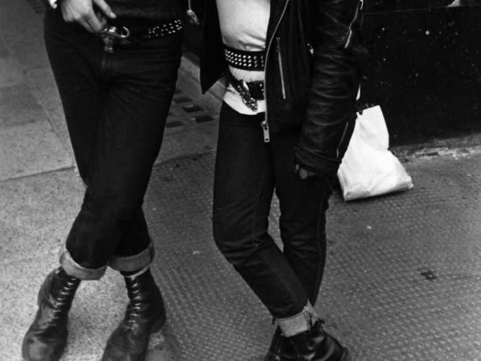 1977: Slim, straight leg jeans had a punk-inspired vibe to them.