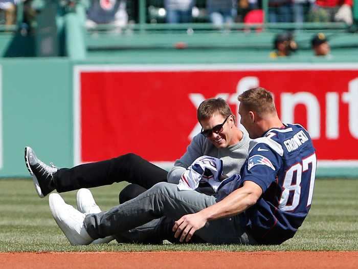 April 2017: Brady chases and tackles Gronk at the Boston Red Sox