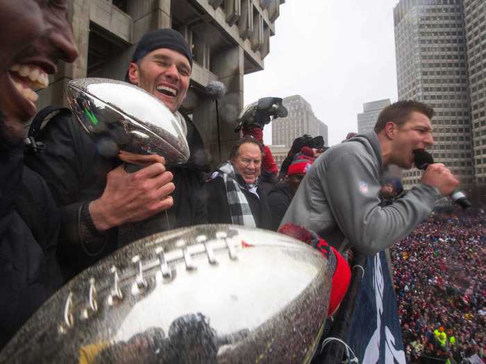 February 2017: Gronk and Brady celebrate their Super Bowl LI victory together in downtown Boston.